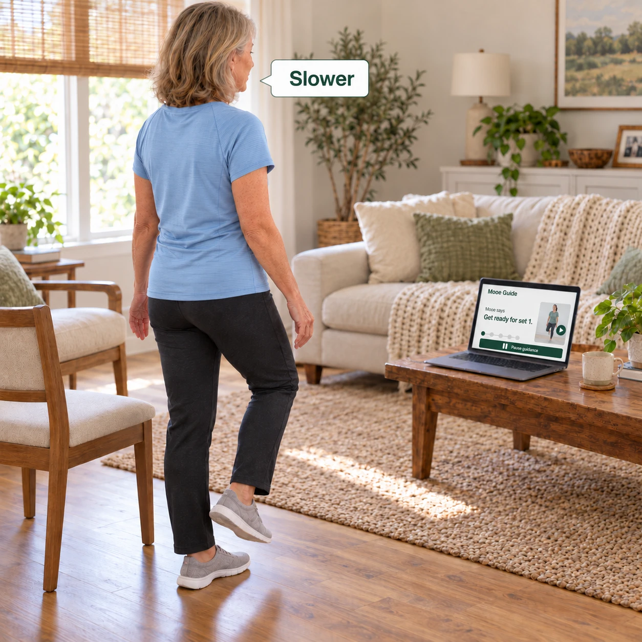 A woman in a sky-blue shirt balances on her left foot at home and says “Slower” without looking at or touching her laptop. Its screen shows written exercise guidance beside a small video reference.