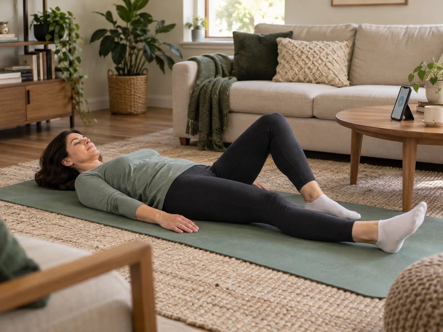 A woman doing her physical therapy exercises on a mat in her living room.