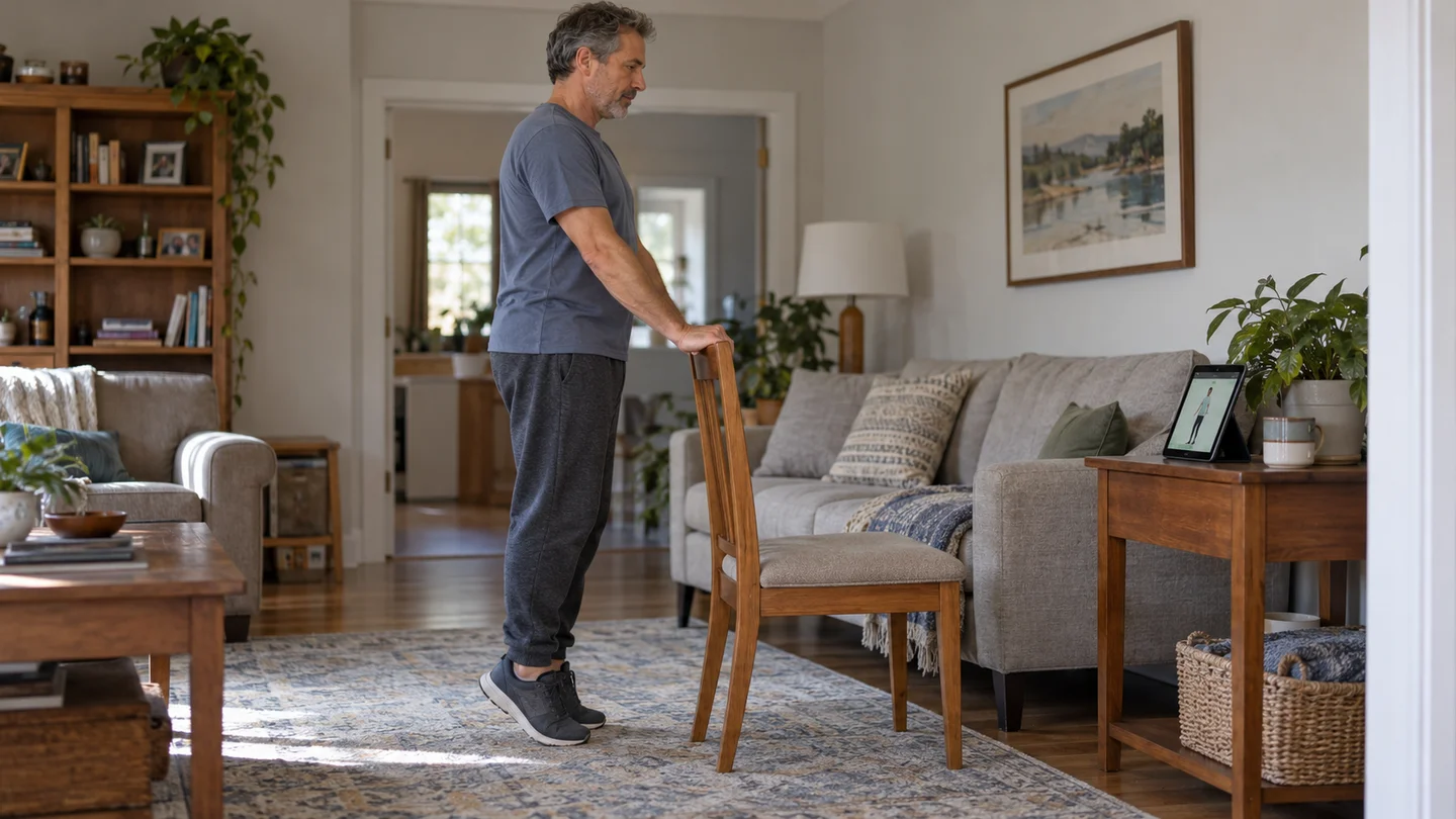 A man doing a standing heel raise with chair support while following Mooe on a nearby tablet.